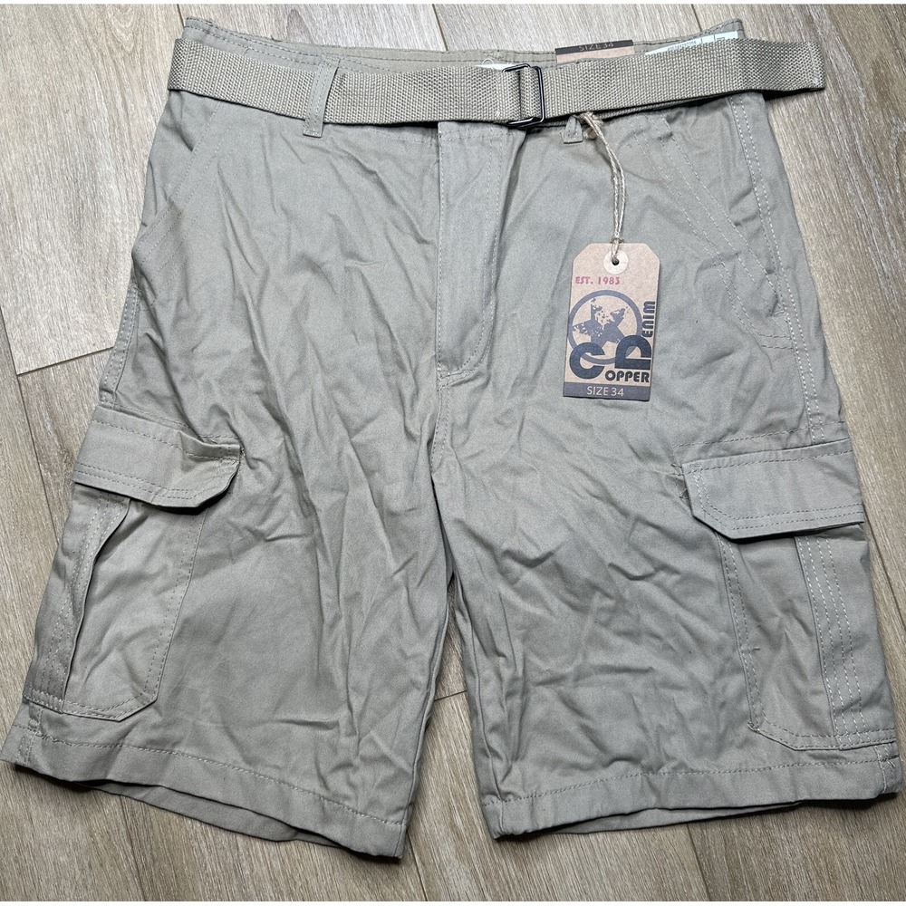 Mens COPPER DENIM 100% Cotton Khaki Tan‎ Belted Cargo Shorts  NWT 34